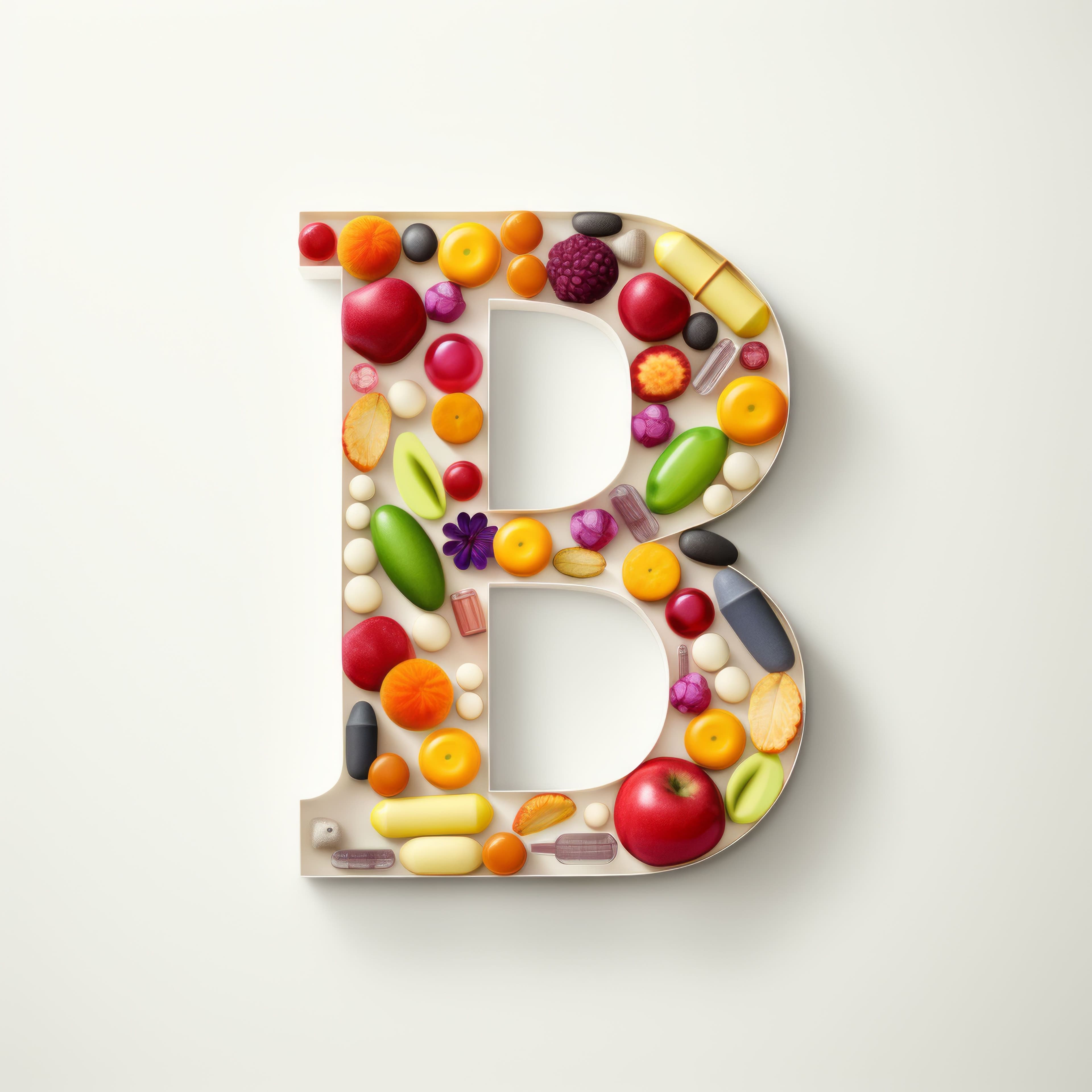 Colorful depiction of the letter B made from vibrant fruits, vegetables, and supplement capsules, symbolizing Vitamin B-Complex.